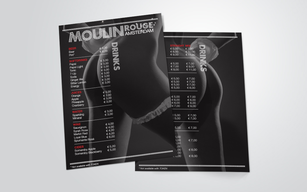 flyers gemaakt door Kat Design voor Moulin Rouge Amsterdam